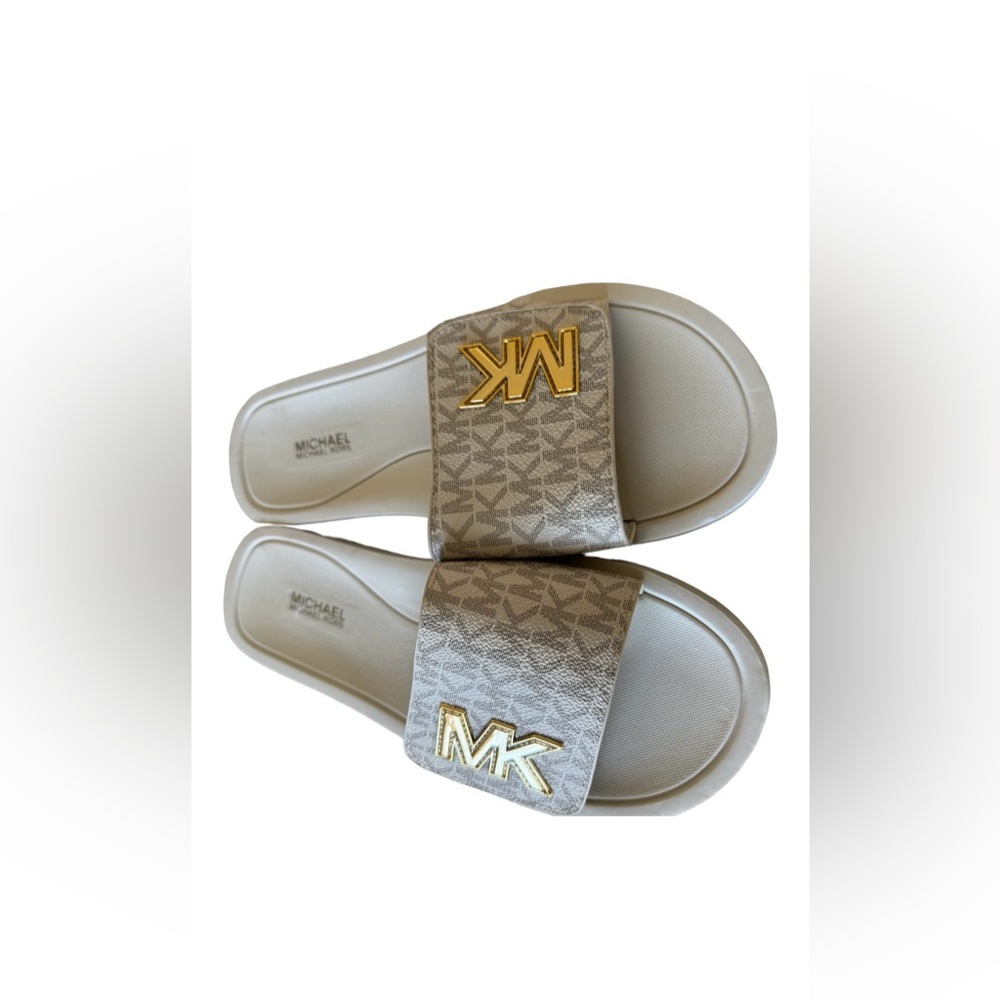 Michael Kors Women's MK Logo Pool Slide White Gold Sandals Size 8 Strap Comfort